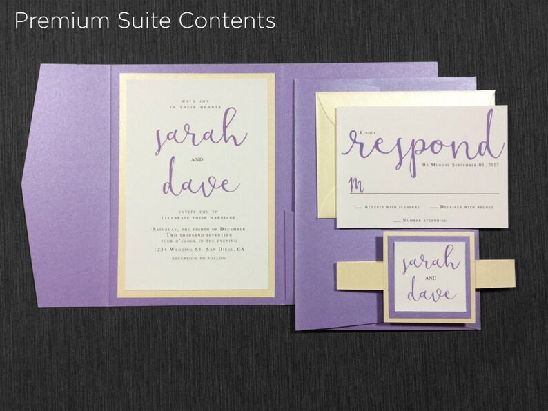 Script Calligraphy Ivory and Lavender Elegant Wedding Periwinkle Pocket Lilac Purple Purple and Champagne Shimmer Wedding Invitations