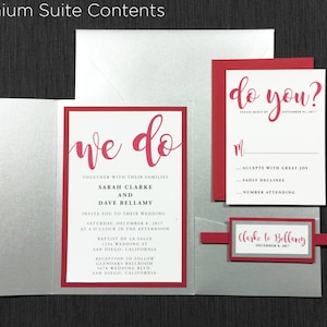 Silver Glitter Wedding Invitations, Silver Shimmer Wedding, Unique Wedding, Red Crimson Ruby Cherry Scarlett, Elegant, with Belly Band
