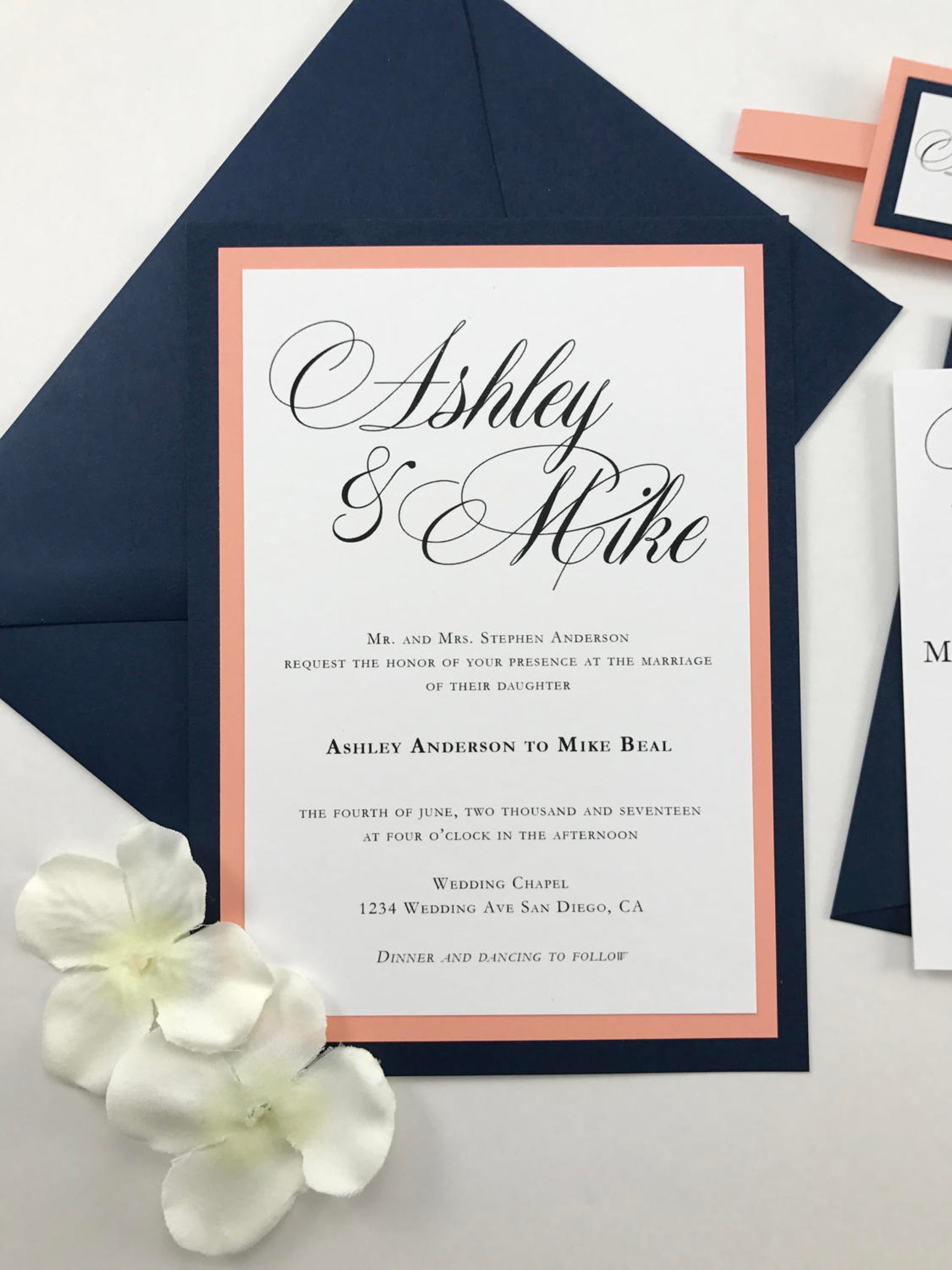 Beautiful Navy and Coral Wedding Invitation Set Dark Blue and Etsy