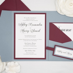 BLUE and CABERNET BURGUNDY Pocket Wedding Invitations, Dusty Blue and Burgundy Wedding Invitation, Pocket Invites in Slate blue and mulberry