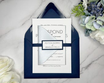 Navy Blue Wedding Invitations: Modern Silver Simplicity