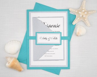 AQUA BLUE and SILVER Wedding Invitations, Beach Wedding Invites in turquoise blue and silver shimmer, Romantic Classic Script Font with rsvp