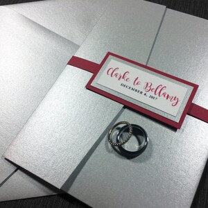Silver and Red Wedding Invitations, Silver Metallic Wedding, Unique Wedding invitations, Elegant Wedding, Silver Shimmer, with Belly Band