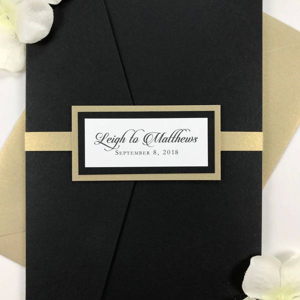 Black and Gold Metallic Wedding Invitation, Classic Traditional Elegance, Full Invitation Suite, Pocket Folder, RSVP Card, Band, envelopes