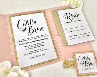 Blush Pink Wedding Invitations with Gold Glitter, Full Pocket Card Wedding Invites, with envelopes RSVP Card and belly band, Light Pink