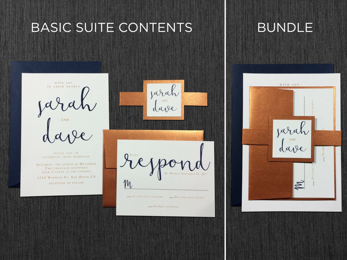 Copper Wedding Invitations Calligraphy Navy Wedding Copper Etsy