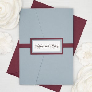 DUSTY BLUE and BURGUNDY wedding invitations, Beautiful traditional script fonts in gorgeous slate blue and wine burgundy Pocket Invites