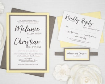 Yellow Wedding Invitation Suite: Modern Calligraphy, Gray Belly Band