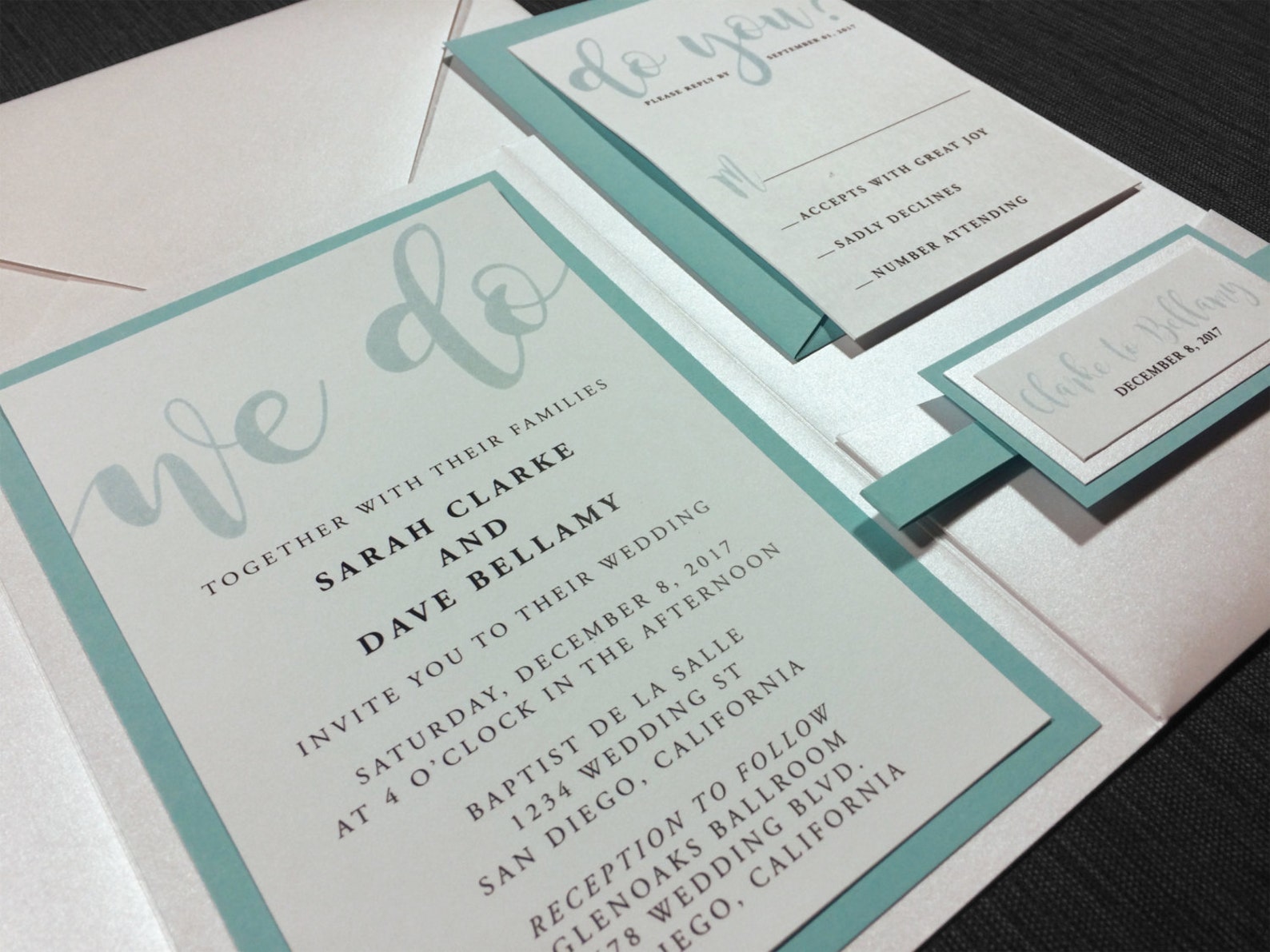 Teal Blue and White Wedding Invitations White Metallic White Etsy