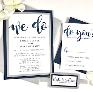 Blue and Silver Wedding Invites, Navy invitation bundle, Modern Beautiful wedding, belly band invitation suite, Navy and gray, We Do Do You