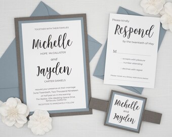 Dusty Blue Wedding Invitation Set: Elegant Script, Gray Accents
