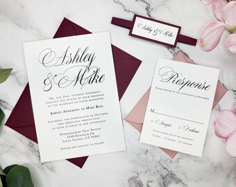 Burgundy & Dusty Rose Wedding Invitation Set: Elegant Timeless Design