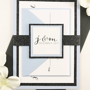 BLACK GLITTER Wedding Invitations with dusty blue, Unique Wedding Elegance, Classic Wedding Invites Full Set with Belly Band, Modern script
