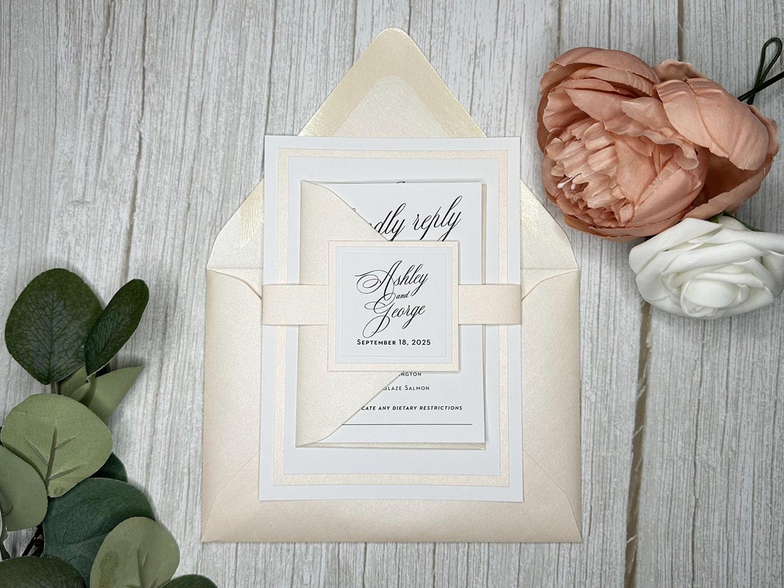 Classic White Wedding Invitation Set: Blush Shimmer Envelopes, Elegant ...