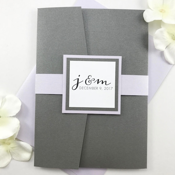 Gray and Lavender Pocket Card Invitation, Purple and Grey Wedding Invites with pocket, envelopes, RSVP Card, Belly Band, Traditional Classic