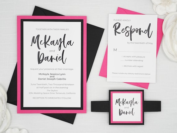 Magenta Wedding Invitations Hot Pink Fuchsia And Black Modern Edge Wedding Invitations Full Set With Response Card And Belly Band Holder
