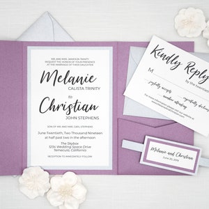 ORCHID PURPLE WEDDING invitations with silver accents, Grape Plum Purple Elegant Wedding Invites with Pocket for rsvp and envelopes, Bundle