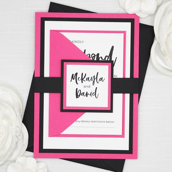 Fuchsia and Black Wedding Invitation Set, Hot Pink and Black Wedding Invites in Modern Calligraphy Font, Urban nontraditional wedding