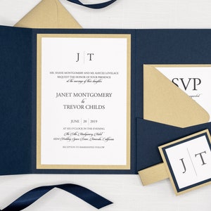 SIMPLE WEDDING INVITATIONS with traditional monogram, Wedding Invitation set in navy and gold with pocket for rsvp and belly band holder