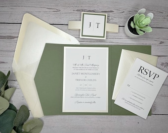 May include: A green and white wedding invitation with the names Janet Montgomery and Trevor Childs. The invitation includes the date and time of the wedding, the location, and an RSVP card.