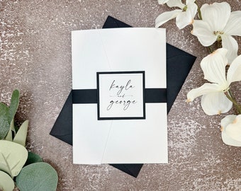 Elegant White Wedding Invitation: Black Accent Pocket Folder, RSVP Card