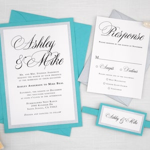 TURQUOISE WEDDING INVITATIONS, Aqua and Silver Wedding Invites, Perfect for Beach Wedding, Blue and Silver Invitations, Elegant Script Font