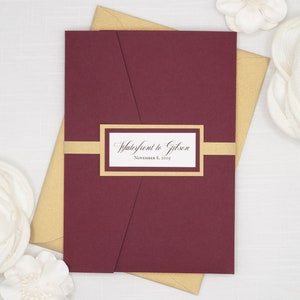 GOLD AND BURGUNDY Pocket Wedding Invitations, Beautiful Wine Crimson Red and gold Traditional Wedding Invites, Classic Elegant Script Font