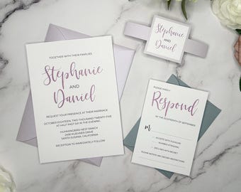 Modern Script Wedding Invitations: Lavender, Slate Blue, QR Code RSVP