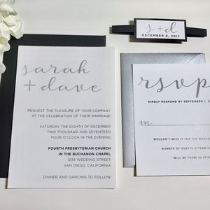 Calligraphy Font Wedding invitations Black and Silver, Simplistic Wedding Invites, Classic Silver metallic, Suite Belly Band, Monogram