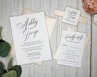Romantic Wedding Invitations: Classic Script, Blush Peach Envelopes