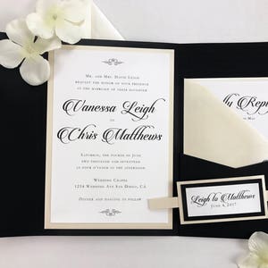 Beautiful Black Ivory and White Wedding Invitations, Pocket Fold wedding suite bundle with envelopes and Belly Band, Elegant Classic Script