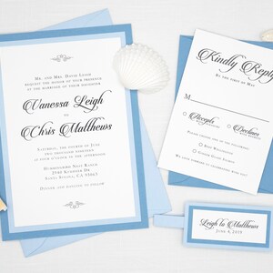 SHADES OF BLUE Wedding Invitations, Ocean Blue and Sky Blue Traditional Classic Wedding Invites, Invitation Bundle in Elegant Scrip Font