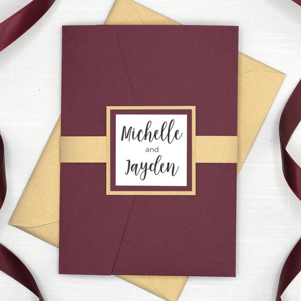 Cranberry Red Wedding Invitations with Gold Accents, Modern Calligraphy Script font Pocket Wedding Invites, Belly Band Invitation Holder