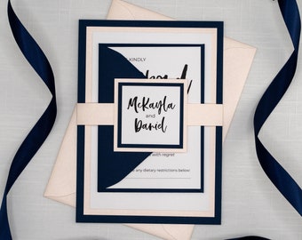 Navy and Blush Peach Wedding Invitations, Modern Script Font Wedding Invites Bundle, Full Set with RSVP Card, Dark Blue and Blush Coral
