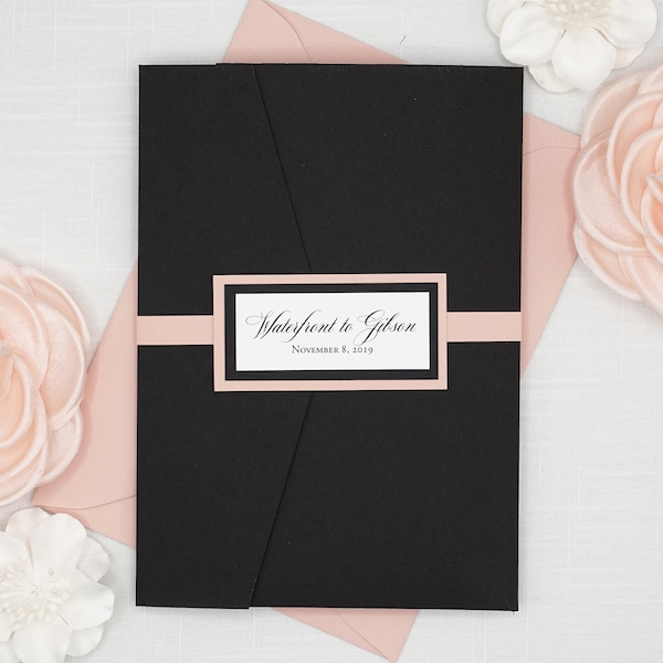 Blush Pink and Black Wedding Invitations, Pale Pink Wedding Invites with Black Pocket Folder for elegant and traditional design, high end