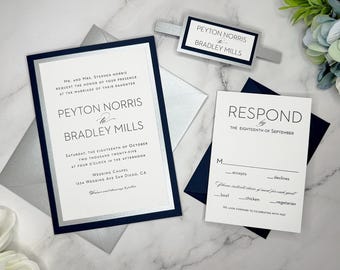 Navy Blue Wedding Invitation Suite: Modern Silver Accents