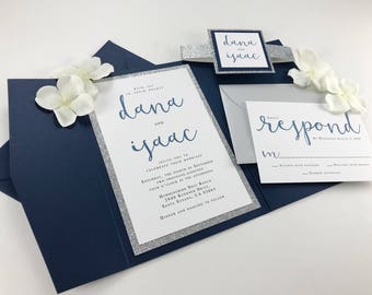 Navy Blue Glitter Wedding Invitation Set: Modern Calligraphy, Pocket Folder