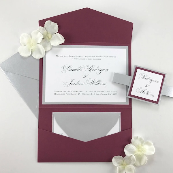 Burgandy and Silver Wedding Invitation Etsy