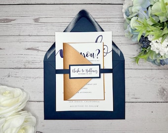 Navy Blue & Copper Wedding Invitations: Modern Script Font