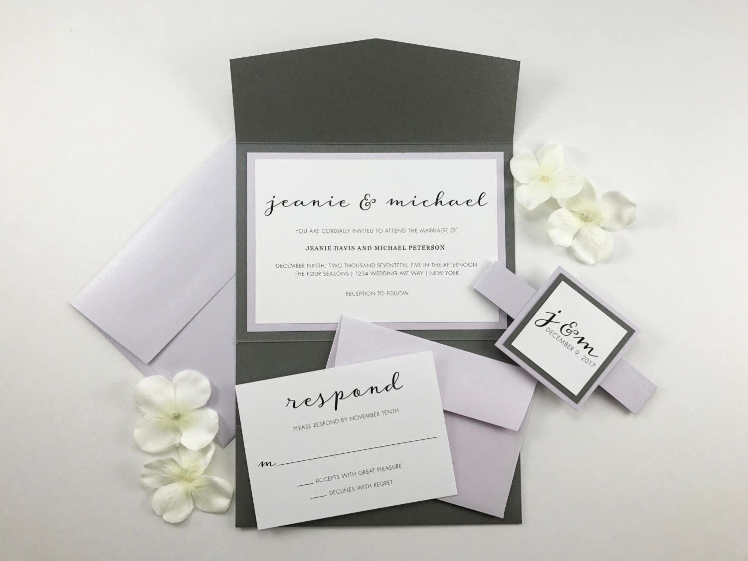 Script Calligraphy Ivory and Lavender Elegant Wedding Periwinkle Pocket Lilac Purple Purple and Champagne Shimmer Wedding Invitations