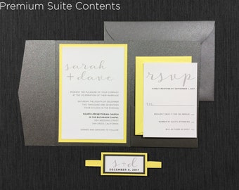 Modern Gray & Yellow Wedding Invitation Suite: Elegant Calligraphy