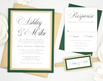 Emerald Green and Gold Wedding Invitations: Classic Calligraphy