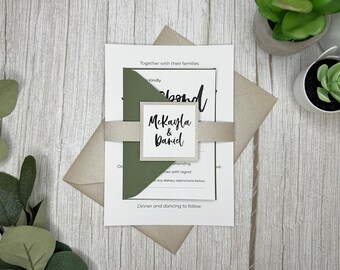 Eucalyptus Wedding Invitations: Sage Green, Beige Shimmer Envelopes