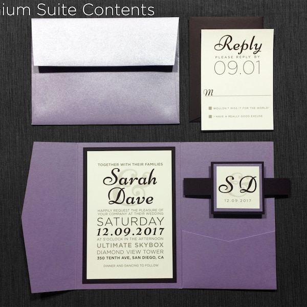 Purple lilac Wedding Invitations, Eggplant Purple Modern Invitations, Fun Invitations, Dark Purple Wedding Invites with Pocketfold