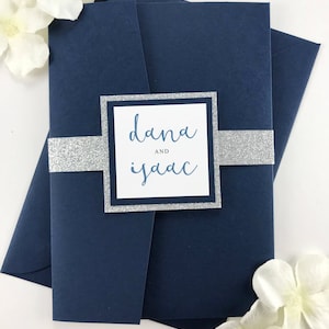 Complete Wedding Invitation Set in Navy and Silver Glitter, Beautiful Elegant High End Wedding Invite, Pocket Folder with Envelopes and Band