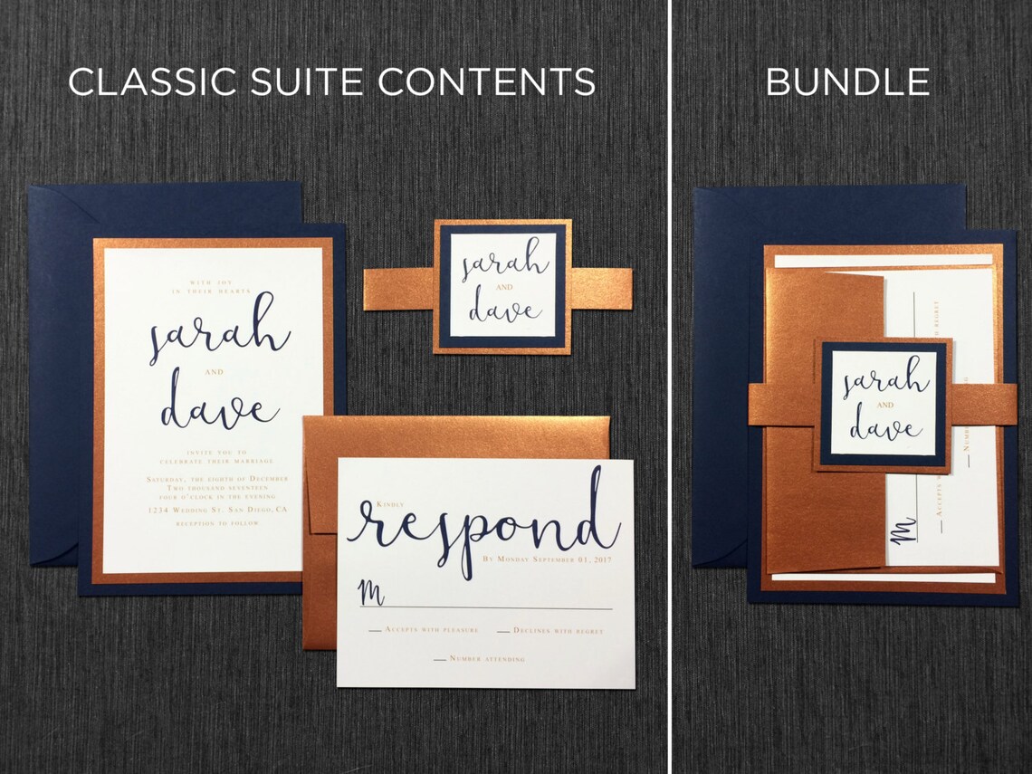 Copper Wedding Invitations Calligraphy Navy Wedding Copper Etsy