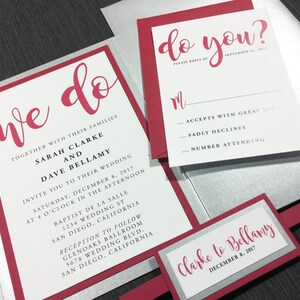 Crimson and Silver Wedding Invitations, Silver Metallic Wedding, Unique Wedding, Shimmer, Elegant Wedding, Silver Glitter, with Belly Band