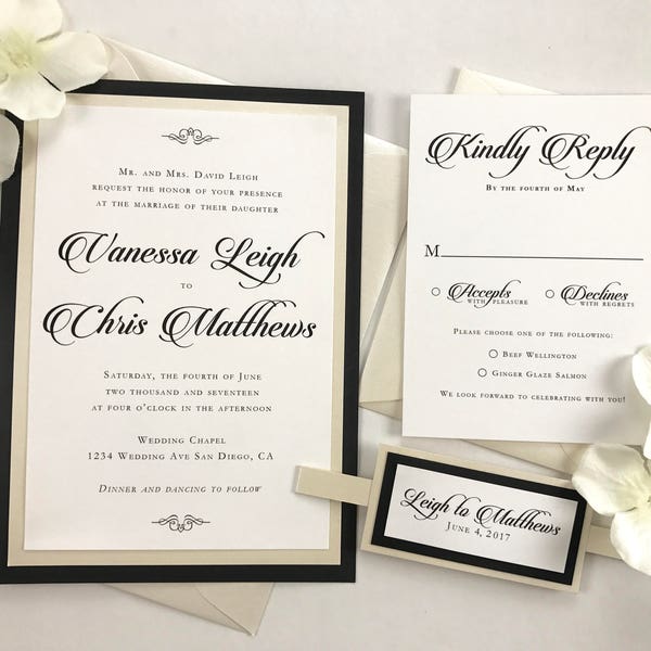 Champagne and Black Traditional elegant wedding invitations, wedding invites for winter wedding, classic black and beautiful ivory