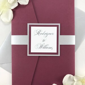 Burgundy Wedding Suite Invitations, Silver Band, Beautiful elegant wedding suite for the Traditional Bride, Script Calligraphy . Classic