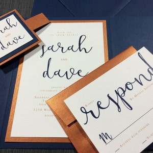 Copper Wedding Invitations, Calligraphy Navy Wedding, Copper Shimmer Wedding Invitation, Blue and Gold, Monogram, Belly Band, Pocket